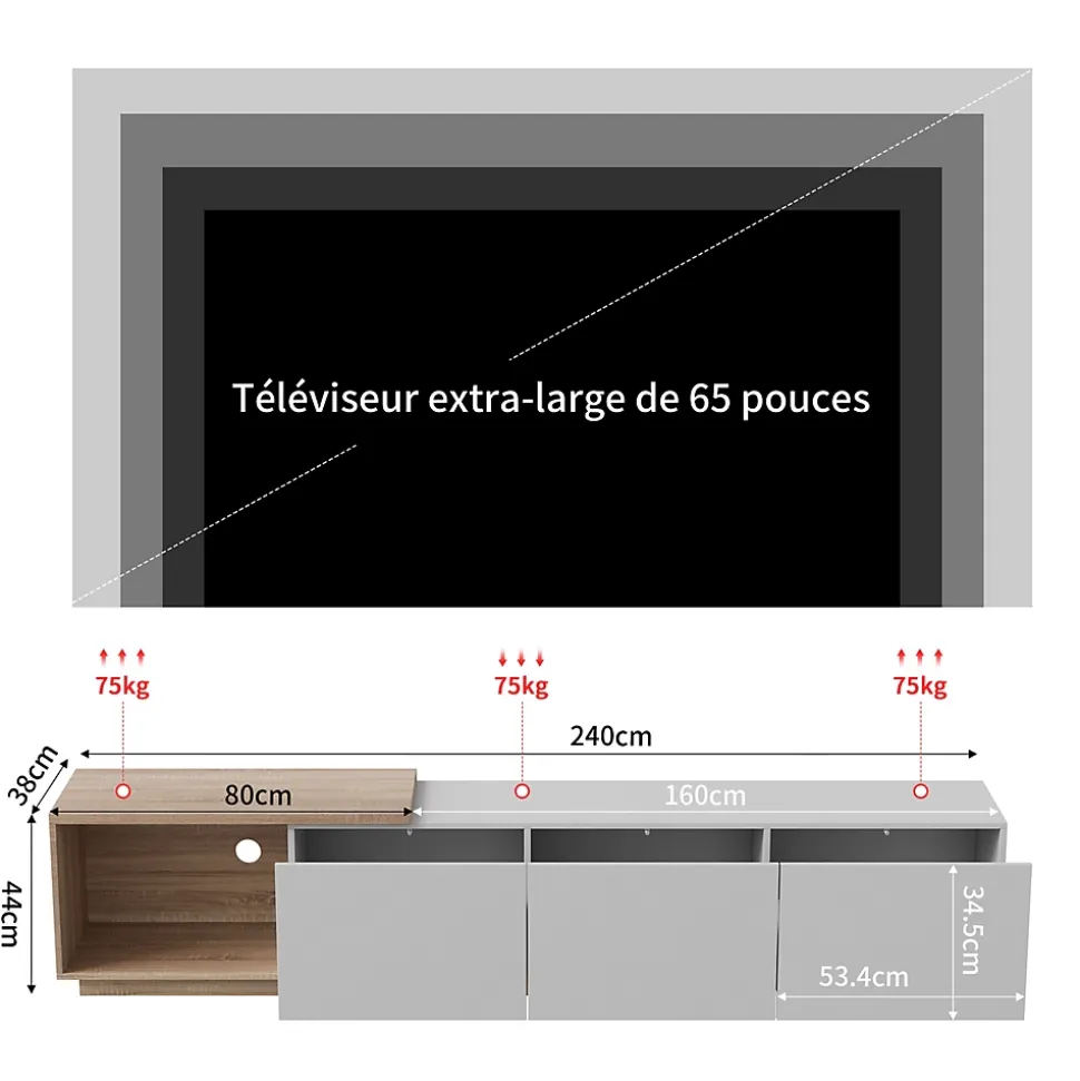 Meuble TV Moderne Extensible 163 - 240 cm avec lumières LED Variables, 3 Tons de Lumière, 3 Tiroirs, Buffet pour Salon, Blanc