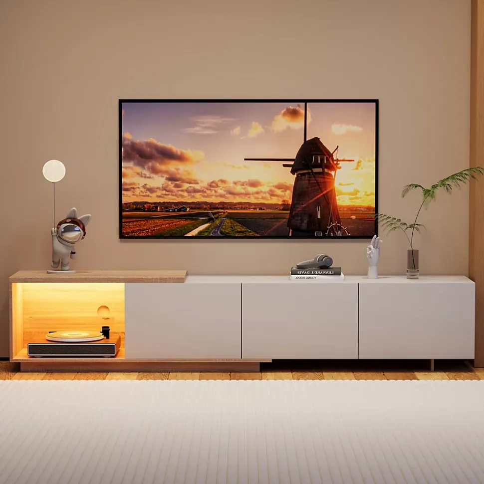 Meuble TV Moderne Extensible 163 - 240 cm avec lumières LED Variables, 3 Tons de Lumière, 3 Tiroirs, Buffet pour Salon, Blanc