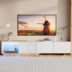 Meuble TV Moderne Extensible 163 - 240 cm avec lumières LED Variables, 3 Tons de Lumière, 3 Tiroirs, Buffet pour Salon, Blanc