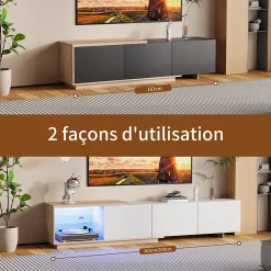 Meuble TV Moderne Extensible 163 - 240 cm avec lumières LED Variables, 3 Tons de Lumière, 3 Tiroirs, Buffet pour Salon, Blanc