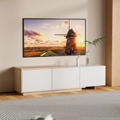 Meuble TV Moderne Extensible 163 - 240 cm avec lumières LED Variables, 3 Tons de Lumière, 3 Tiroirs, Buffet pour Salon, Blanc