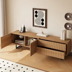 Meuble TV moderne 180x38x51.5 cm - 2 portes et 2 tiroirs - Finition bois veiné ondulé - Pieds en métal - Naturel