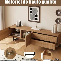Meuble TV moderne 180x38x51.5 cm - 2 portes et 2 tiroirs - Finition bois veiné ondulé - Pieds en métal - Naturel