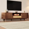 Meuble TV moderne 175x36x51 cm - 1 tiroir en rotin et 2 portes - Étagères ouvertes - Plateau rond - Marron