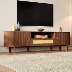 Meuble TV moderne 175x36x51 cm - 1 tiroir en rotin et 2 portes - Étagères ouvertes - Plateau rond - Marron