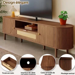 Meuble TV moderne 175x36x51 cm - 1 tiroir en rotin et 2 portes - Étagères ouvertes - Plateau rond - Marron