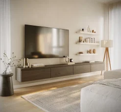 Meuble TV mural aspect bois noyer avec 4 abattants 300 cm BEMMI