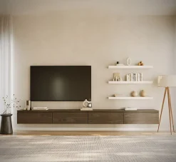 Meuble TV mural aspect bois noyer avec 4 abattants 300 cm BEMMI