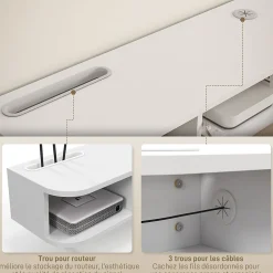Meuble TV mural banc TV design flottant - 2 niches, porte abattante - dim. 120L x 26l x 16H cm - blanc aspect chêne clair