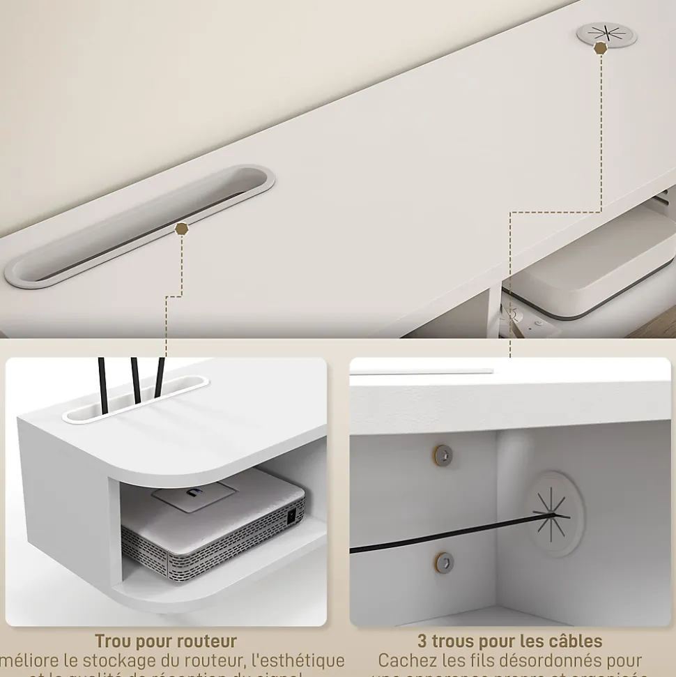 Meuble TV mural banc TV design flottant - 2 niches, porte abattante - dim. 120L x 26l x 16H cm - blanc aspect chêne clair
