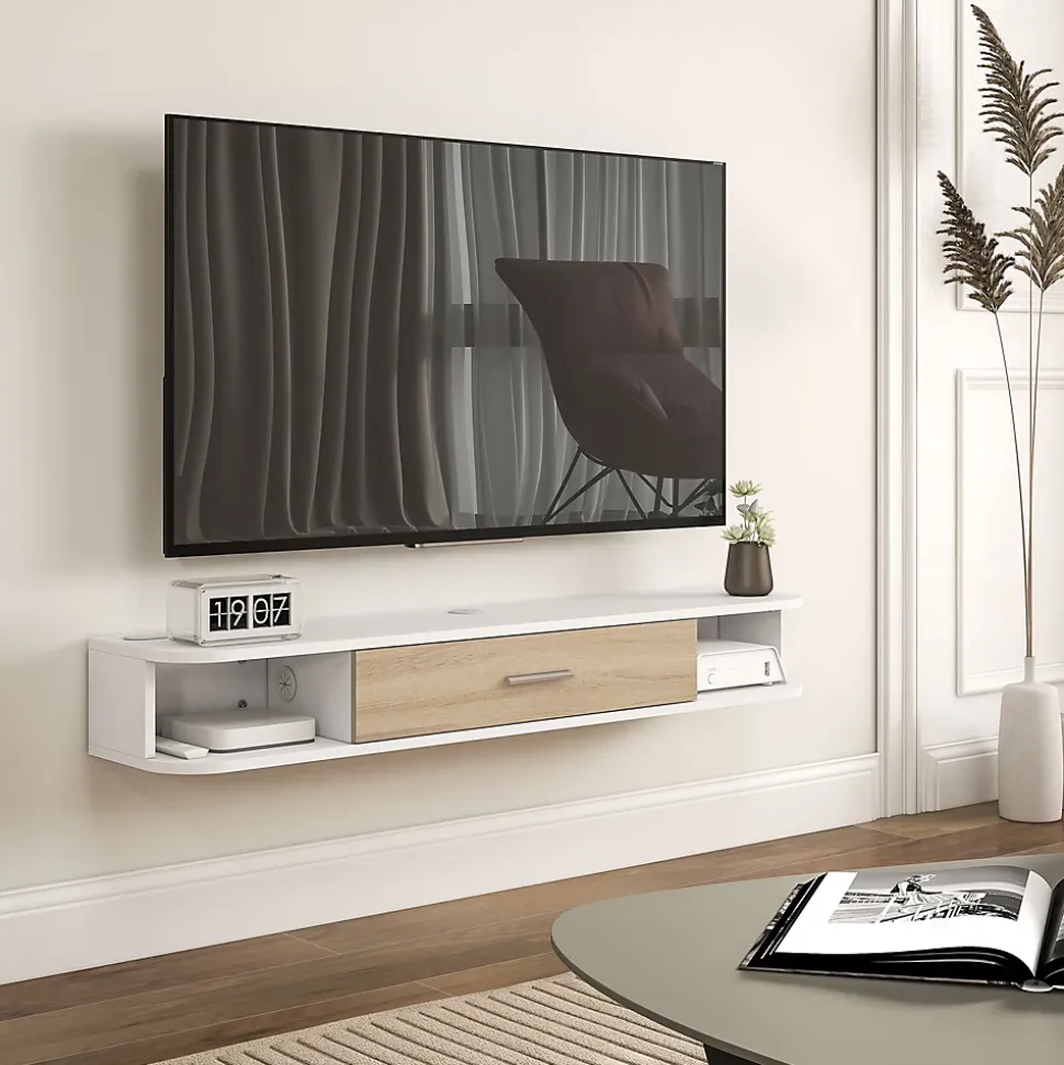 Meuble TV mural banc TV design flottant - 2 niches, porte abattante - dim. 120L x 26l x 16H cm - blanc aspect chêne clair