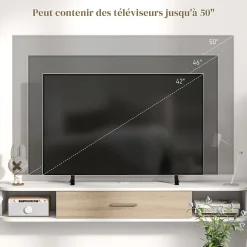 Meuble TV mural banc TV design flottant - 2 niches, porte abattante - dim. 120L x 26l x 16H cm - blanc aspect chêne clair