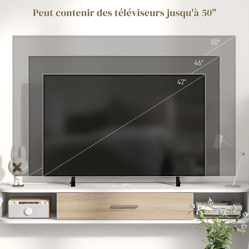 Meuble TV mural banc TV design flottant - 2 niches, porte abattante - dim. 120L x 26l x 16H cm - blanc aspect chêne clair