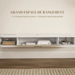 Meuble TV mural banc TV design flottant - 2 niches, porte abattante - dim. 120L x 26l x 16H cm - blanc aspect chêne clair