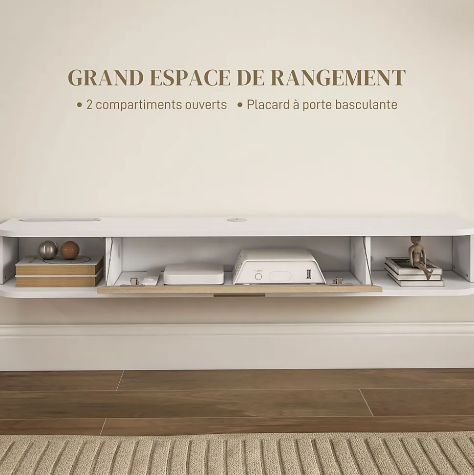 Meuble TV mural banc TV design flottant - 2 niches, porte abattante - dim. 120L x 26l x 16H cm - blanc aspect chêne clair