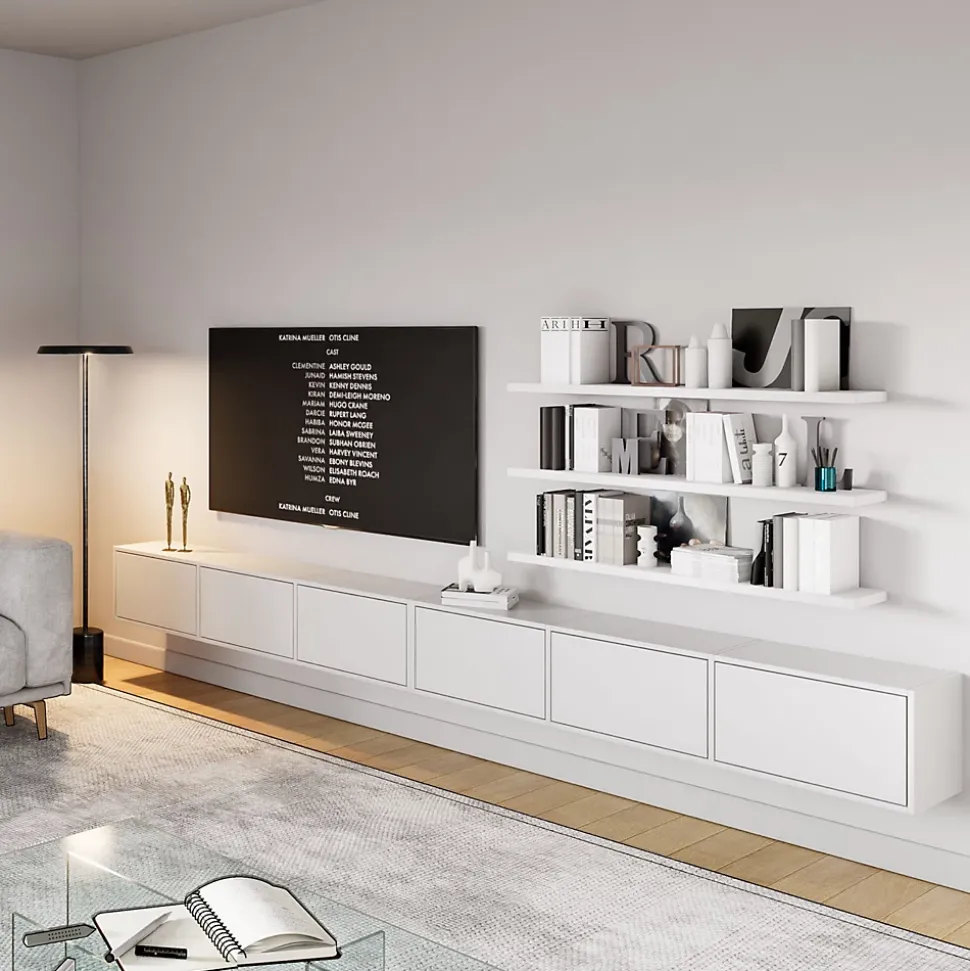 Meuble TV mural blanc avec 6 abattants 300 cm FRAMME