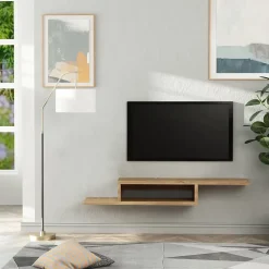 Meuble TV mural flottant design - étagère murale flottante - niche, passe-fils - panneaux particules chêne clair