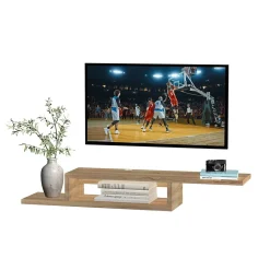 Meuble TV mural flottant design - étagère murale flottante - niche, passe-fils - panneaux particules chêne clair