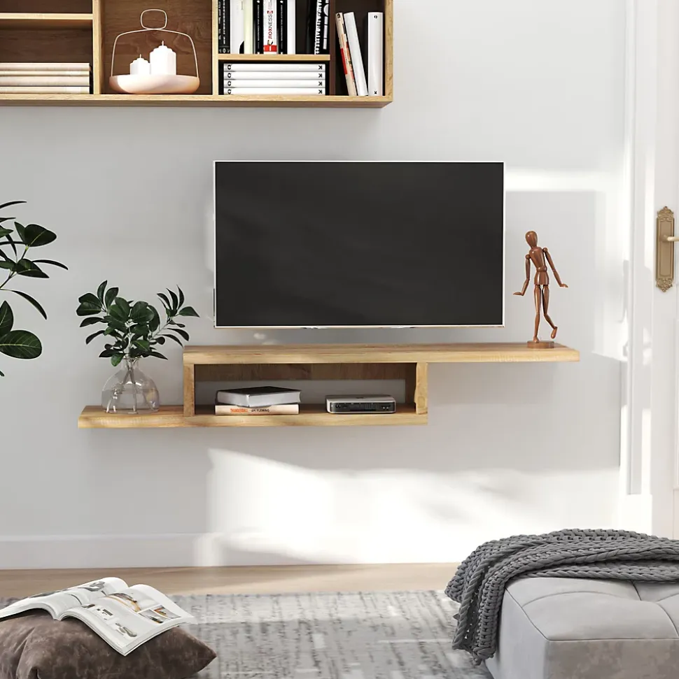 Meuble TV mural flottant design - étagère murale flottante - niche, passe-fils - panneaux particules chêne clair
