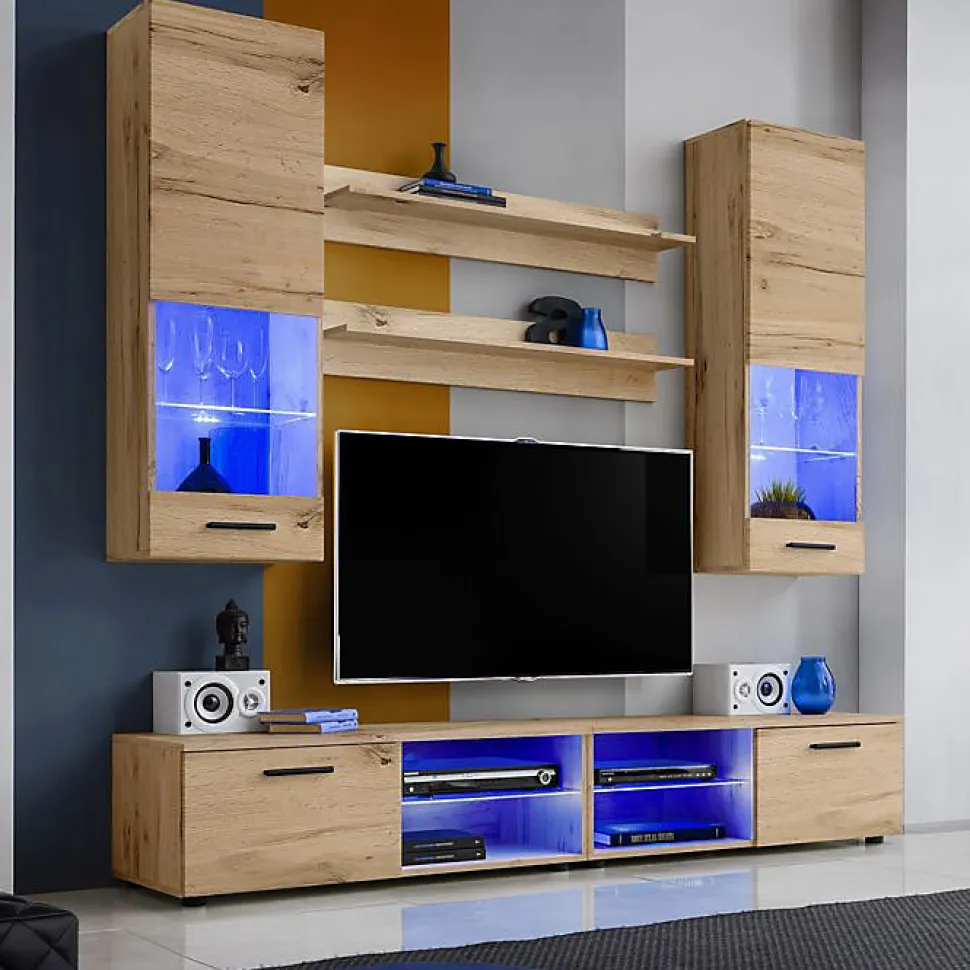 Meuble TV Mural Vida Extreme Furniture - LED bleues - Bois naturel & Bois naturel - Façades en Brillant - L200cmxH195cmxP45cm