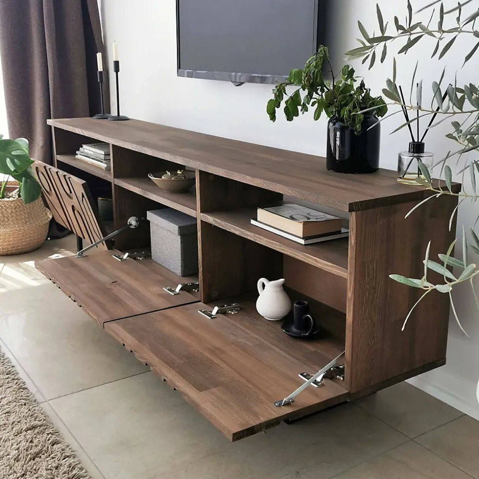 Meuble TV Novastra, Buffet de salon, Armoire basse pour TV, Base murale de rangement, 170x30h40 cm, Noyer
