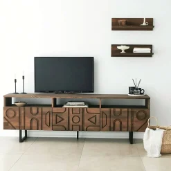 Meuble TV Novastra, Buffet de salon, Armoire basse pour TV, Base murale de rangement, 170x30h40 cm, Noyer