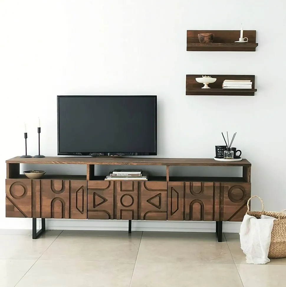 Meuble TV Novastra, Buffet de salon, Armoire basse pour TV, Base murale de rangement, 170x30h40 cm, Noyer