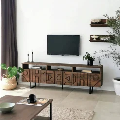 Meuble TV Novastra, Buffet de salon, Armoire basse pour TV, Base murale de rangement, 170x30h40 cm, Noyer