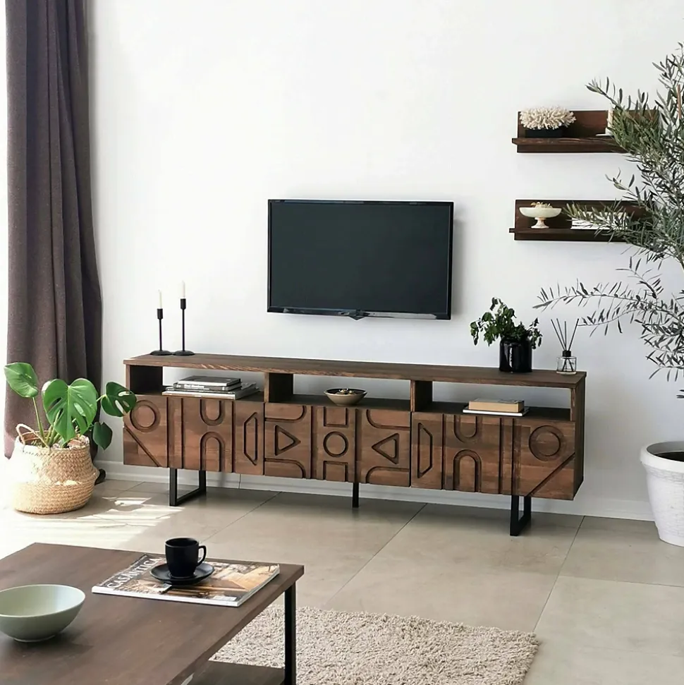 Meuble TV Novastra, Buffet de salon, Armoire basse pour TV, Base murale de rangement, 170x30h40 cm, Noyer