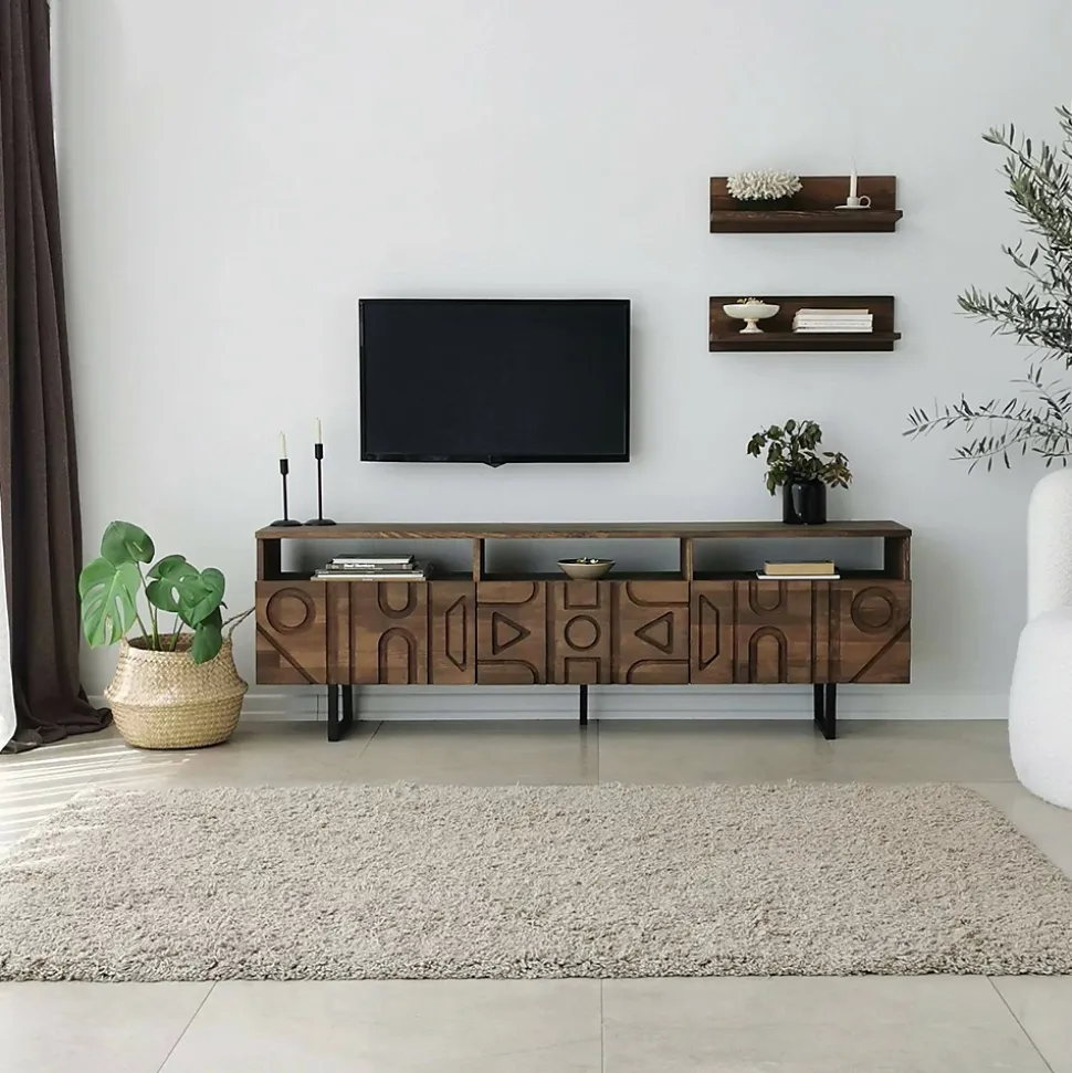 Meuble TV Novastra, Buffet de salon, Armoire basse pour TV, Base murale de rangement, 170x30h40 cm, Noyer