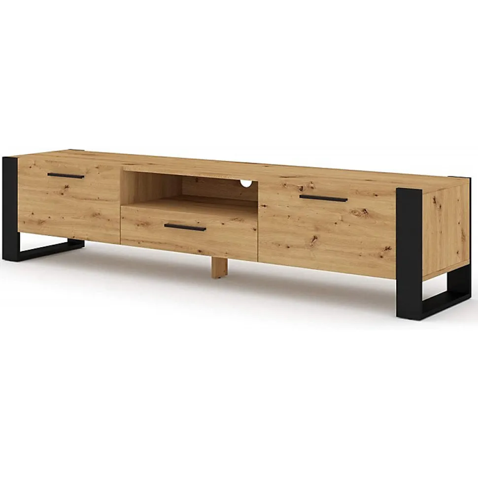 Meuble TV Nuka 200 Cm Meuble Hi-fi Sideboeard Chêne Artisan Jambes Noires Et Poignées