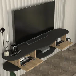 Meuble TV Nyskiri mural 150 x 35 x 19 cm anthracite / effet chêne en.casa