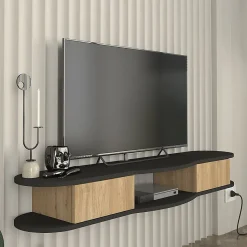 Meuble TV Nyskiri mural 150 x 35 x 19 cm anthracite / effet chêne en.casa