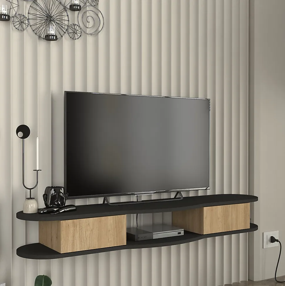 Meuble TV Nyskiri mural 150 x 35 x 19 cm anthracite / effet chêne en.casa
