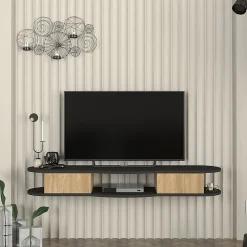 Meuble TV Nyskiri mural 150 x 35 x 19 cm anthracite / effet chêne en.casa