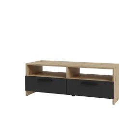 Meuble TV PILVI - Style contemporain - Décor Chene et Noir - 2 Abattants + 2 niches - L 95 x P 36 x H 34,5 cm