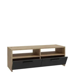 Meuble TV PILVI - Style contemporain - Décor Chene et Noir - 2 Abattants + 2 niches - L 95 x P 36 x H 34,5 cm