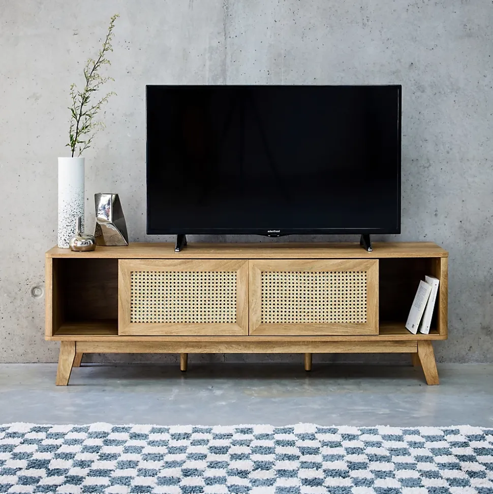 Meuble TV portes coulissantes. casier fermé. étagère décor bois et cannage 150cm