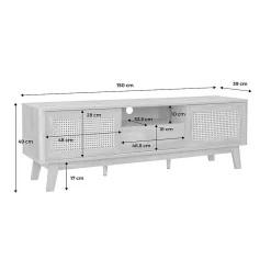 Meuble TV portes coulissantes. casier fermé. étagère décor bois et cannage 150cm