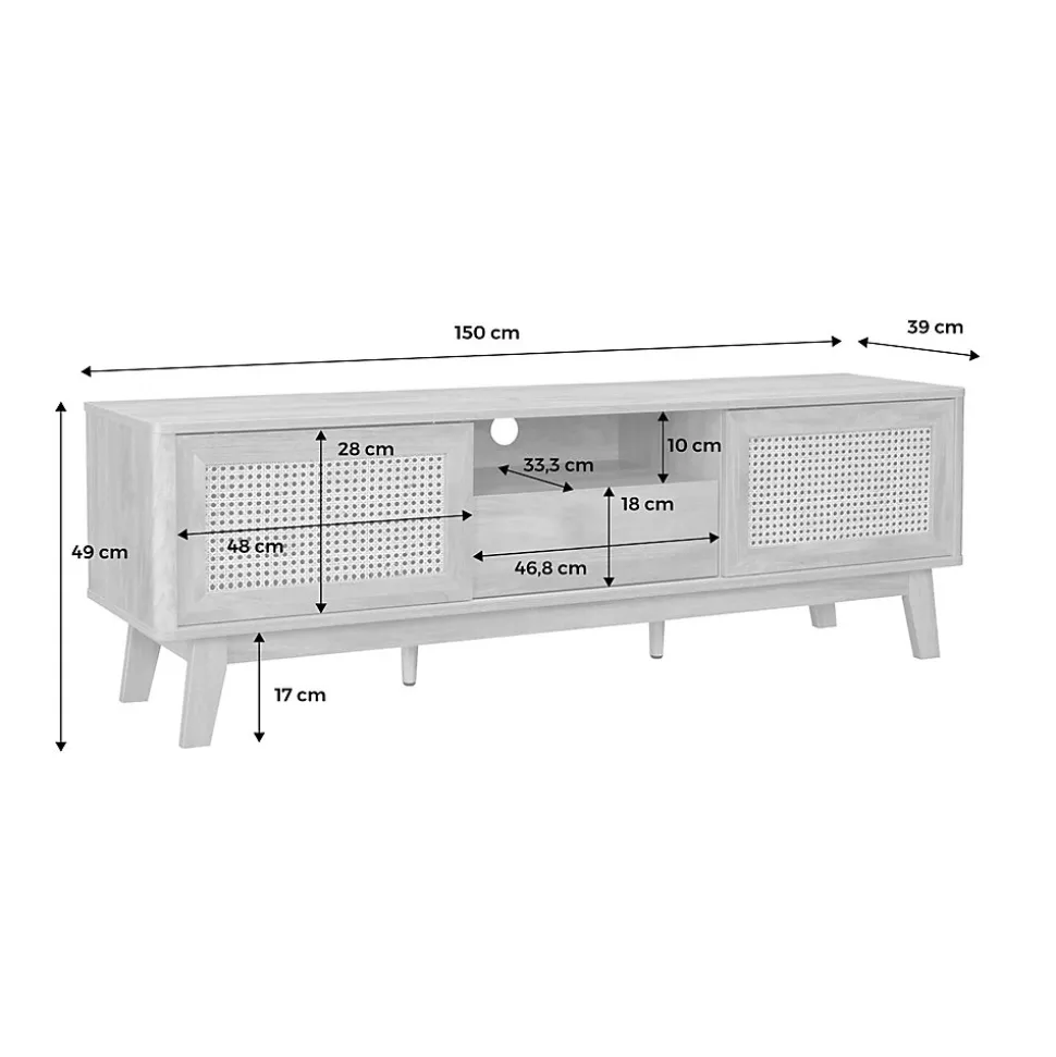 Meuble TV portes coulissantes. casier fermé. étagère décor bois et cannage 150cm