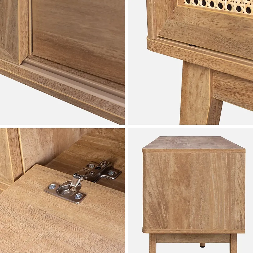 Meuble TV portes coulissantes. casier fermé. étagère décor bois et cannage 150cm