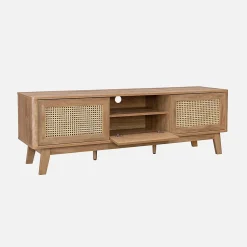 Meuble TV portes coulissantes. casier fermé. étagère décor bois et cannage 150cm