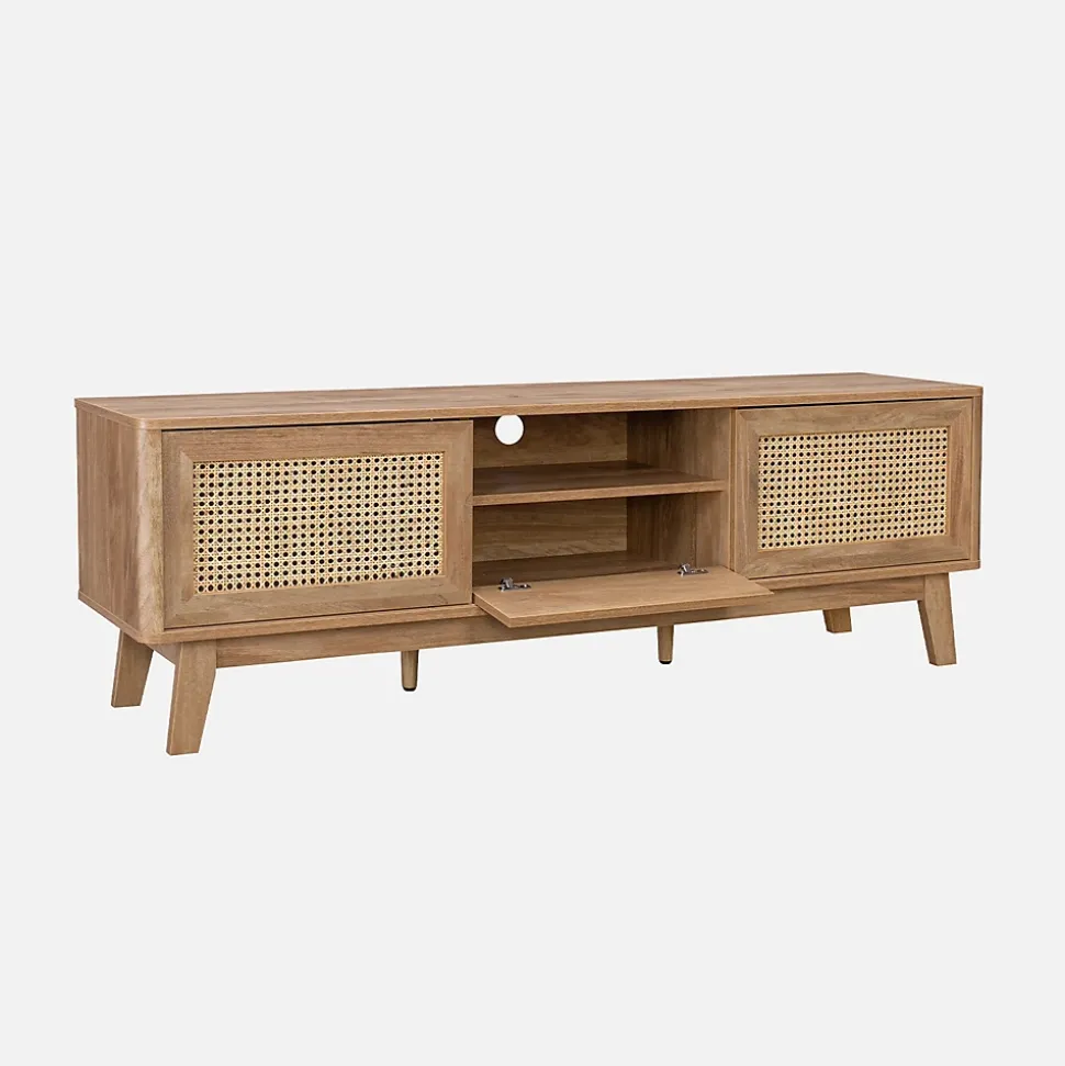 Meuble TV portes coulissantes. casier fermé. étagère décor bois et cannage 150cm