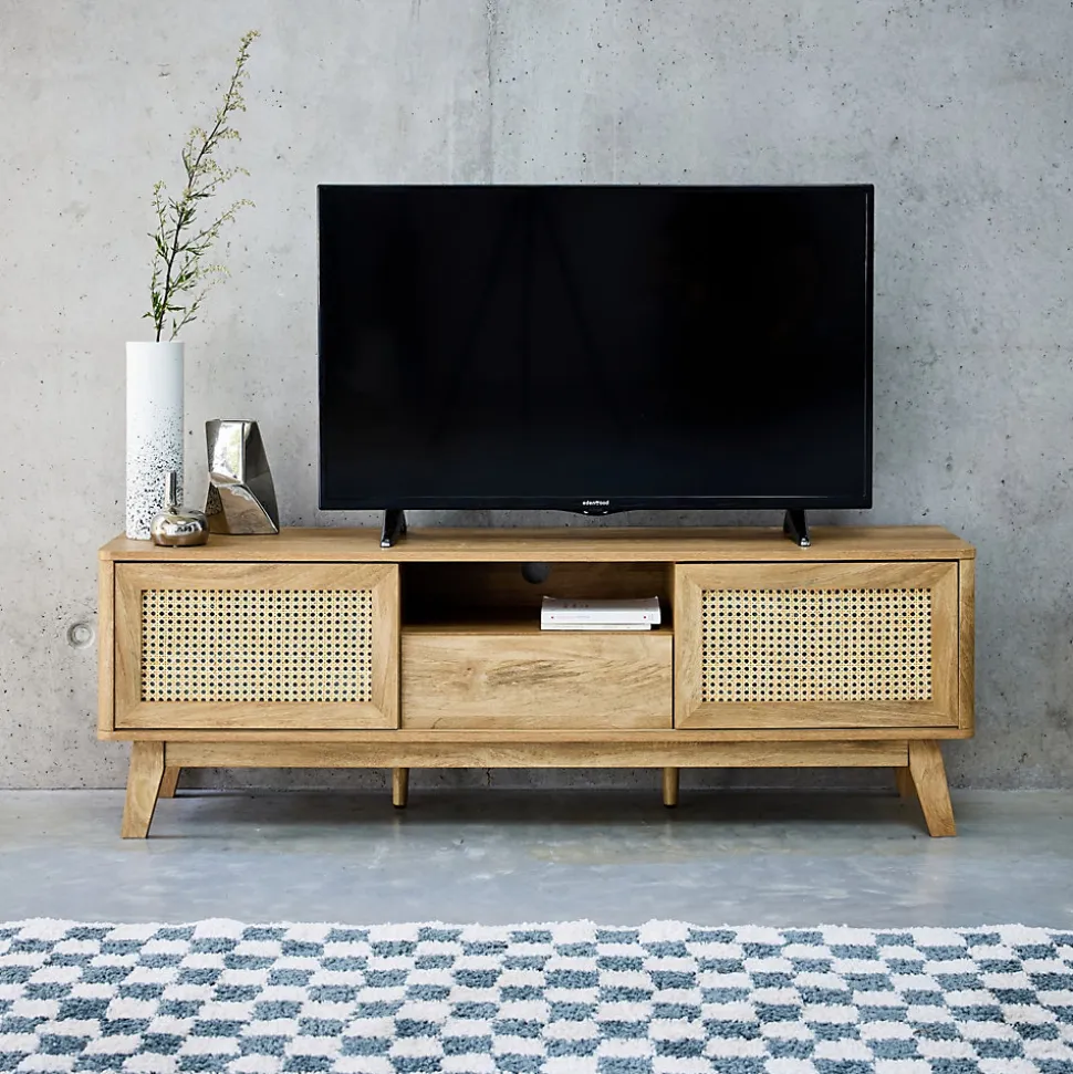 Meuble TV portes coulissantes. casier fermé. étagère décor bois et cannage 150cm