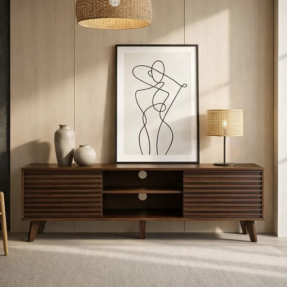 Meuble TV portes coulissantes Façades Effet Bois Rainuré L135 cm - FRIBOURG