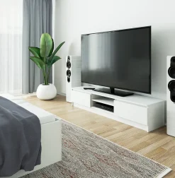 Meuble TV pour salon AKORD Blanc 160 cm 2 portes façade Blanche 2 étagères 160x40x33 cm