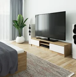 Meuble TV pour salon AKORD Chêne Sonoma 160 cm 2 portes façade Blanche 2 étagères 160x40x33 cm