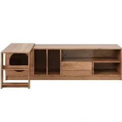 Meuble TV Rotatif avec Espace Chat Intégré et Rangement, Portes en Verre Trempé, MDF + Verre, 180 (+80)x40x50 cm, Bois Noyer