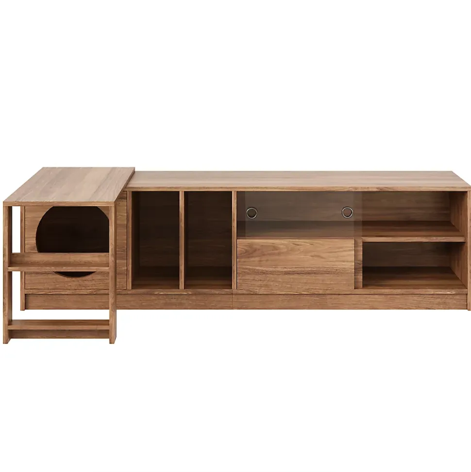 Meuble TV Rotatif avec Espace Chat Intégré et Rangement, Portes en Verre Trempé, MDF + Verre, 180 (+80)x40x50 cm, Bois Noyer