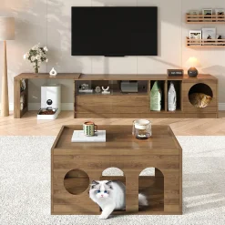 Meuble TV Rotatif avec Espace Chat Intégré et Rangement, Portes en Verre Trempé, MDF + Verre, 180 (+80)x40x50 cm, Bois Noyer